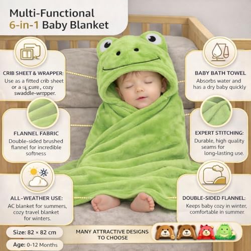 Image of First Kick New Born Baby Blanket Pack of Super Soft Bathrobe Wrapper Bath Towel for Boys, Girls, Babies (Green Frog, Length 82 cm x Width 82 cm, 0-12 Months)