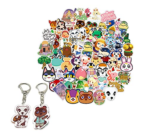 GTOTd Animal Crossing Stickers 100Pcs (with New Horizons Animal Keychain) Gifts Animal Crossing Birthday Party Supplies Merchandise Vinyl Decal for Computer