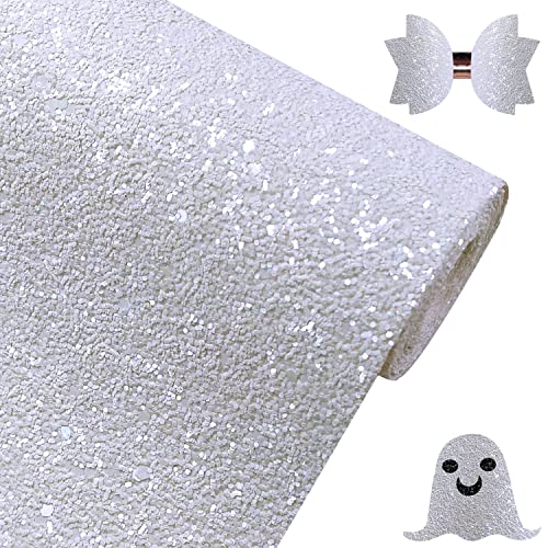 Greatdiy Sparkly Snow White Chunky Glitter Faux Leather Roll 12 x 52 inch Shiny Solid Color Winter Fabric for Bows Earrings Crafts (18015#1)