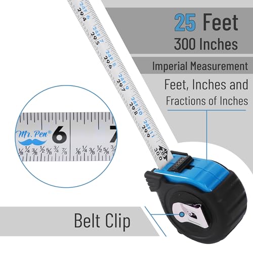 Image of Mr. Pen- Tape Measure, 25-Foot, Light Blue, Steel Measuring Tape, Tape Measure with Fractions, Easy Read Tape Measure, Tape Measure 25 ft, Steel Tape Measure, Retractable Measuring Tape Retractable