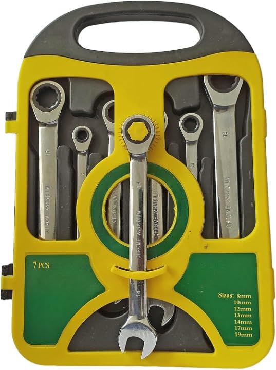 TOOLBUX 7PC Heavy Duty Mirror Dual Use Ratchet Wrench Set - Chrome Vanadium Ratchet Spanner Combination Wrench Set (8, 10, 12, 13, 14, 17, 19 mm) - Box End Open End 1