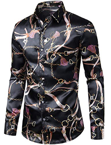 Image of ZEROYAA Men's Luxury Printed Silk Like Satin Button Down Dress Shirt for Party Prom