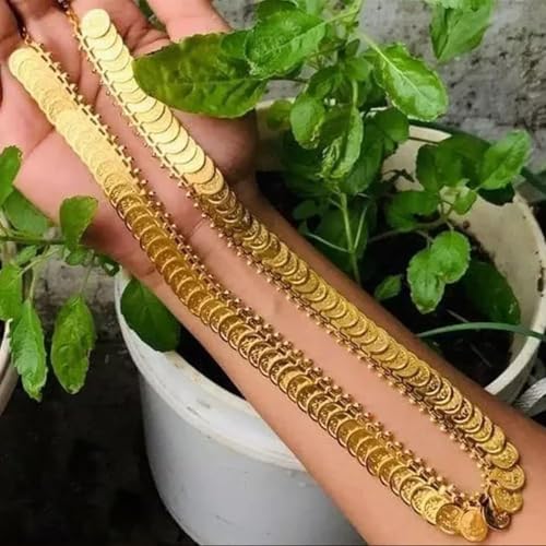 Image of VAMA FASHIONS 1 Pcs 18K Gold Plated Traditional Lakshmi Kasu Coin Long Necklace Kasu Mala Haram South Indian Temple Bridal Wedding Jewellery for Women & Girls