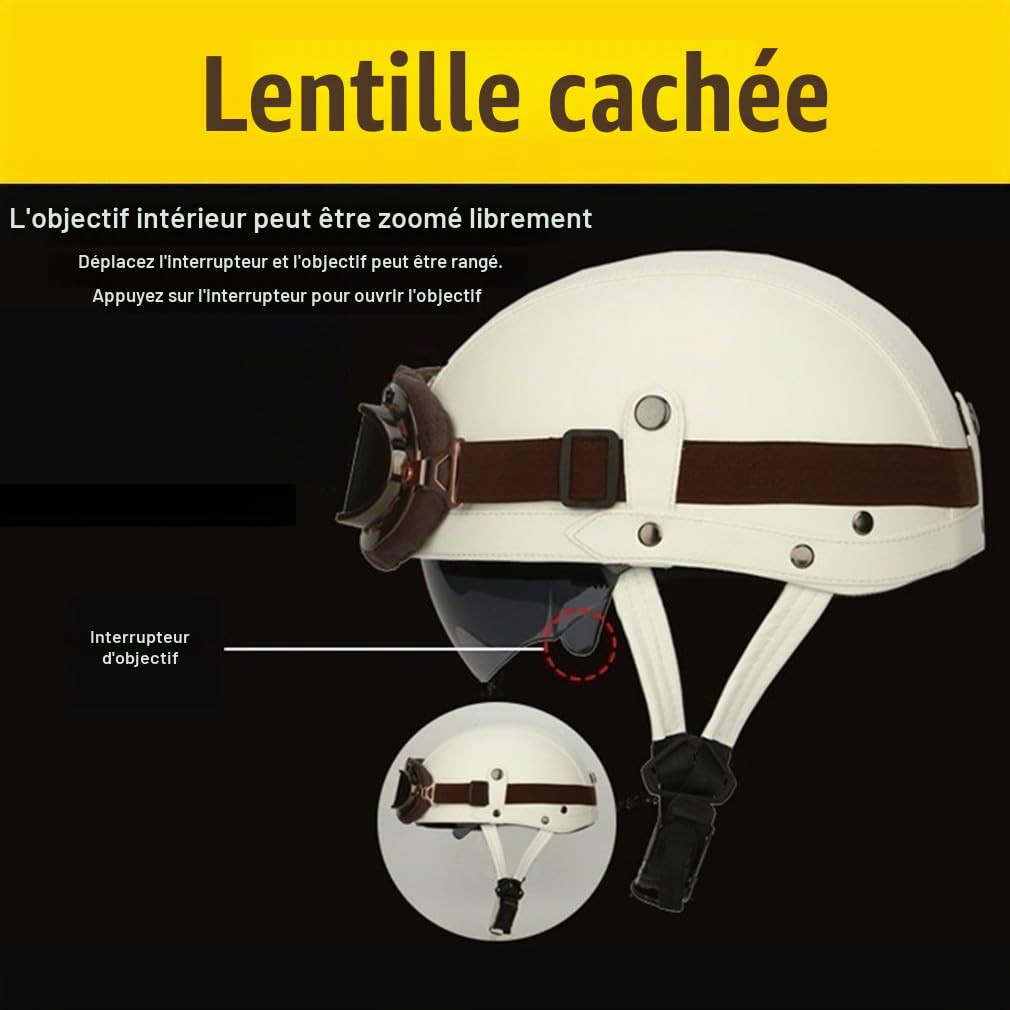 Casque de Moto Vintage Cuir Retro Casque Jet Casques Bols Demi Casque de Mobylette Cuir avec Lunettes Homologué ECE Casque Scooter pour Adultes Homme et Femme avec Sac de Rangement