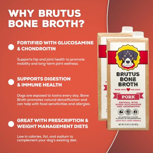 Image of Brutus Bone Broth Liquid for Dogs | All Natural | Made in USA | Glucosamine & Chondroitin for Healthy Joints | Human Grade Ingredients | Hydrating Food Topper, Gravy & Treat (Pork, 2-Pack)