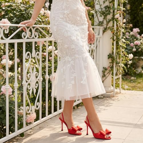 Image of Satin High Heels Slingback Open Toe Mules Sandals Bow Stiletto Sexy Heels Comfortable Wedding Party Shoes