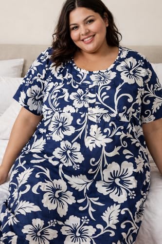 Image of OFEEFAN Women's Plus Size Cotton Nighty, Printed Full Length Maxi Night Gown, Soft Breathable Nightdress Sleepwear for Curvy Women, 3XL to 7XL