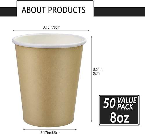 Miniatura 2 de Tazas de café de papel desechables de 8 onzas, paquete de 50, color caqui, ideales para bebidas calientes y fiestas