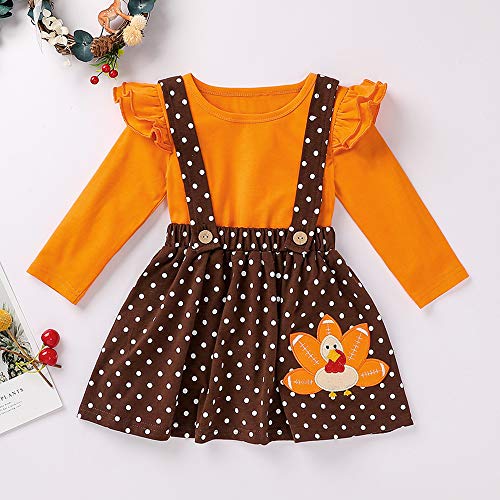 XFGLCK Toddler Kids Baby Girl Thanksgiving Clothes Outfit Ruffle Sleeve Turkey Shirt Blouse +Suspender Skirts Set2