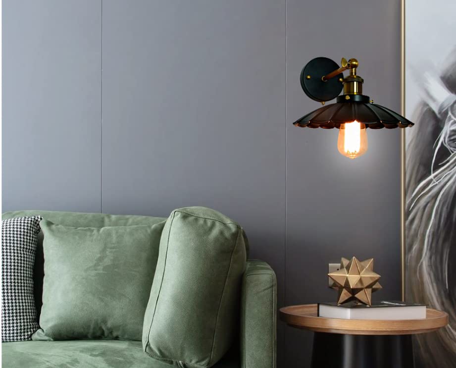 Image of Industrial Black Wall Sconce Light, Vintage 1-Light Switch Farmhouse Wall Lamp, Pull Chain Wall Sconce Lighting for Bedroom Bathroom Kitchen Hallway Living Room (Black + Gold)