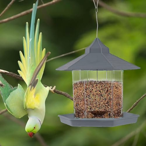 Image of Kuber Industries Bird Feeder for Balcony Grill|PP Grain Holder for Garden, Outdoor|Stylish Hut Shape with Hanging Wire (Grey)