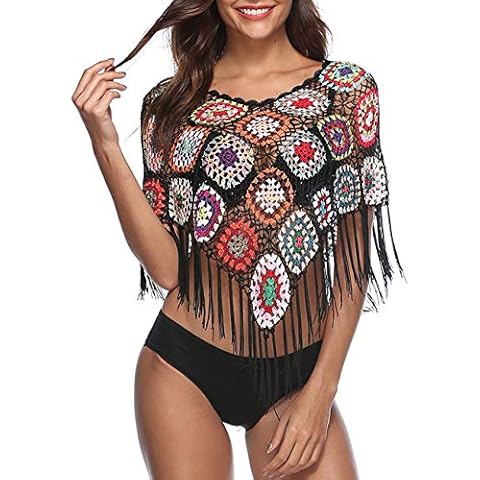xxxiticat Women's Embroidery Print Hollow Out Bikini Blouse Cloak Poncho Cape Fringe Hem Crochet Floral Beach Cover Ups Tops - Black - One Size Cover