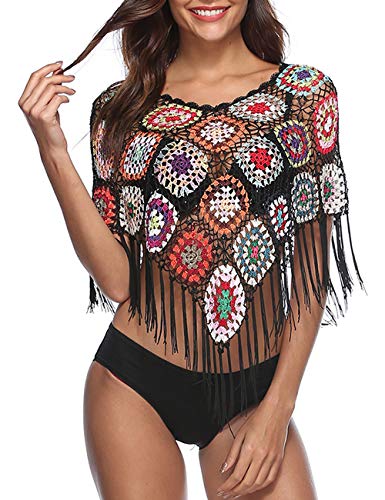xxxiticat Women's Embroidery Print Hollow Out Bikini Blouse Cloak Poncho Cape Fringe Hem Crochet Floral Beach Cover Ups Tops(BL) Black