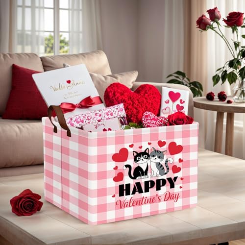 Image of Cute Large Valentine's Day Gift Basket Empty Heart Decor Storage Bin for Kid Baby Room Decor (Pink Checkered Cat)