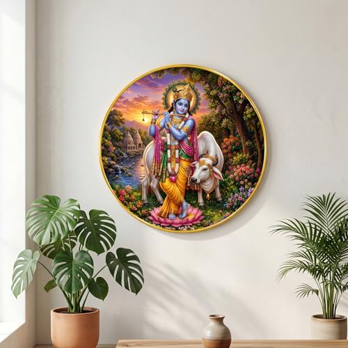 Image of SAF Lord Krishna Wall Painting with PVC Round Frame | Sparkle Laminated Flute Playing Krishna with Cow Artwork | Hindu Spiritual Wall Decor for Home Temple Living Room Bedroom Gift