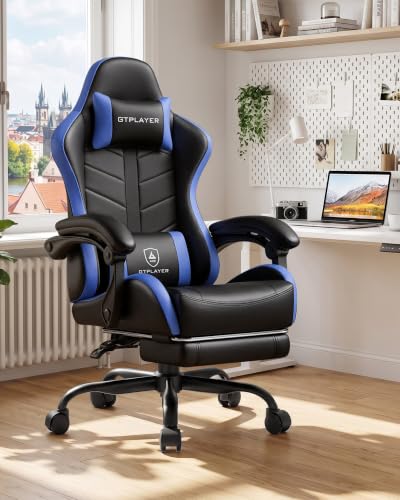 Image of GTPLAYER Gaming Chair for Adults, Computer Chair with Footrest,Black & Blue | Ergonomic Video Game Chair with 90-155 Recline, Removable Headrest & Lumbar Support, All-Day Comfort for Home & Office