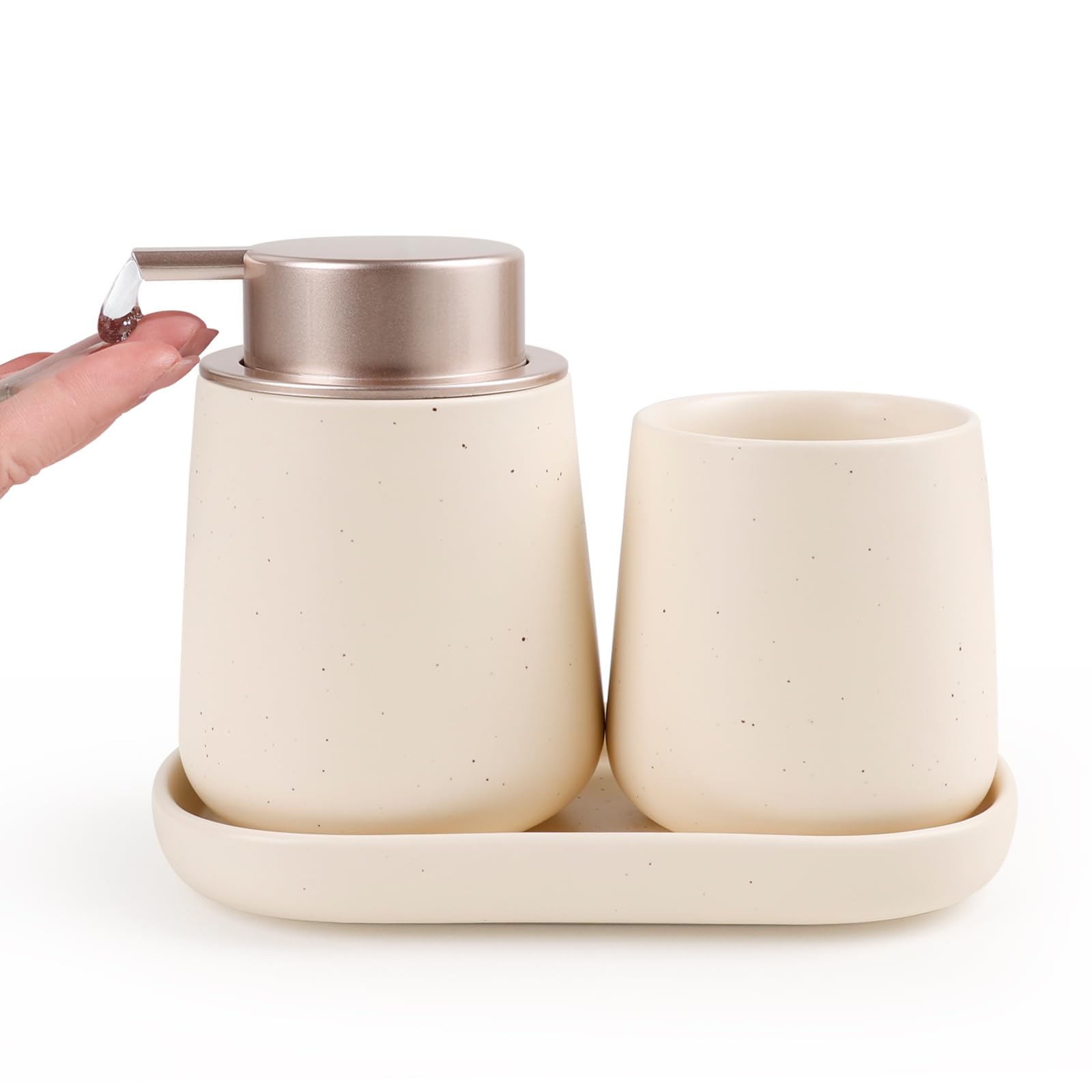 BosilunLife Set di accessori per il bagno, set di 3 dispenser di sapone da bagno in ceramica, set di accessori decorativi, dispenser di sapone e portaspazzolino (liquido beige tascabile)