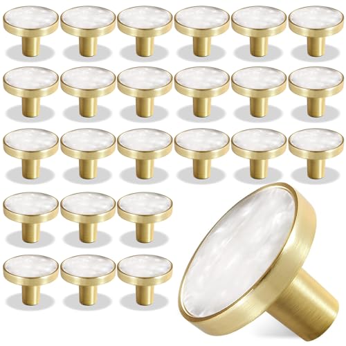 Cionyce 25 Pack Gold Knobs for Dresser Drawers, Brass Dresser Knobs Round Cabinet Knobs for Kitchen Cabinet Cupboard Door Decorative Furniture Hardware, 1-1/4" Diameter, White