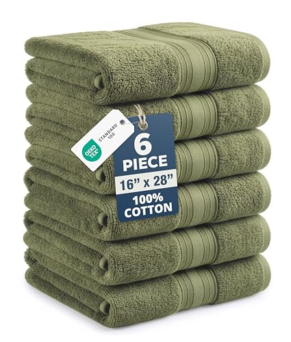 LANE LINEN Bath Hand Towels for Bathroom - 6 Pack (16 x 28) 100% Cotton Hand & Face Towels Set - Soft Prevent Fraying & Machine Washable - Everyday Family Towel Gets Softer Each Wash - Oil Green