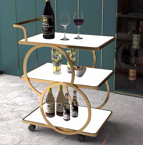 Image of End Table Bar Table 3-Tier Metal Serving Table with Wheels Gold Elegant Home and Restaurant Mobile Cart for Effortless Food Serving Coffee Table for Living Room (Golden White)
