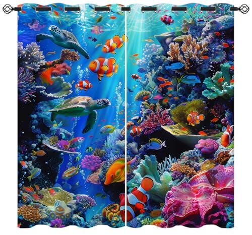 XINBADU Ocean Blackout Curtains for Girls Boy Home Decor, Underwater World Colorful Tropical Fishes Grommet Thermal Insulated Drapes Darkening Window Curtain for Bedroom Living Room, 63 x 63 Inch