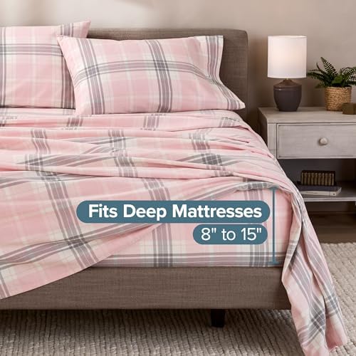 Bare Home Flannel Sheet Set Prints, 100% Cotton, Velvety Soft Heavyweight - Double Brushed Flannel - Deep Pocket (Queen, Aurora Plaid - Pink) - Thumbnail 4