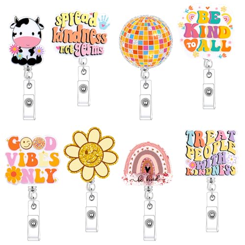 Remuuly 8 Pcs Cute Nurse Badge Reel Retractable Glitter Cow Daisy Smile Face Pink Bow Girly Funny Nurse Accessories Name Tag ID Clip Holder for Office School Hospital Teacher(Retro)