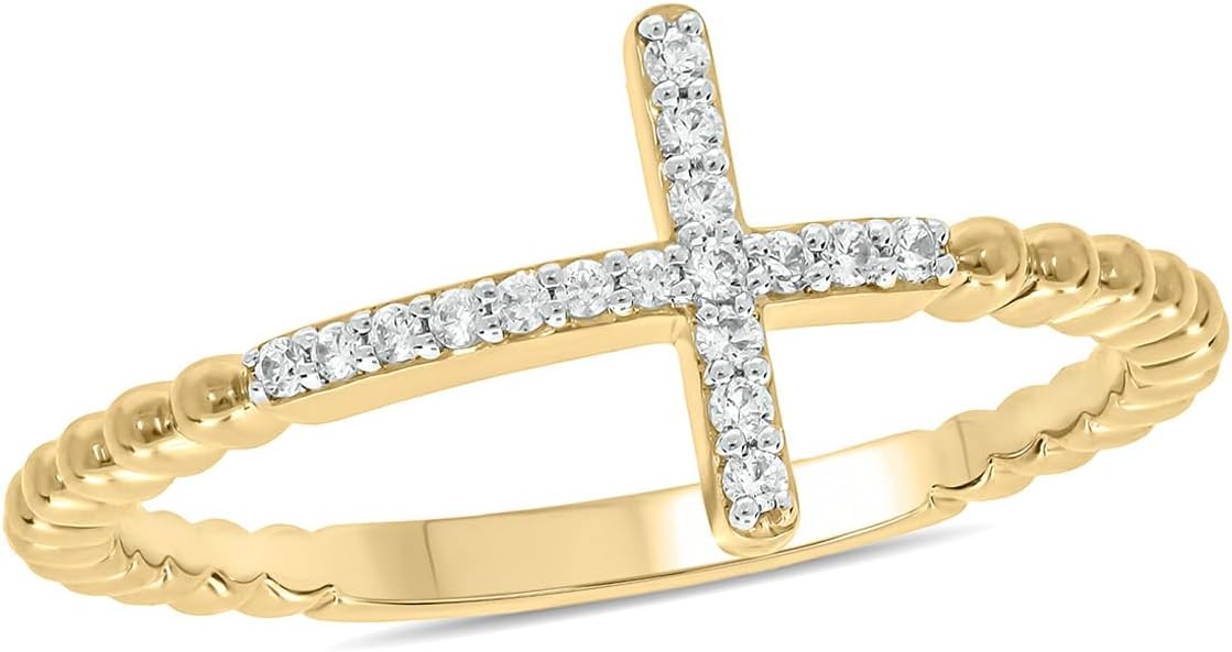Cali Trove Valentine Day Cross Ring Jewellery for Women| 1/10cttw Round White Diamond Horizontal Cross | Beaded Style | 18K Yellow Gold, Rose Gold Plated or 925 Sterling Silver | Gift Jewellery