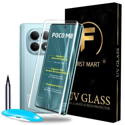 Image of FIRST MART UV Tempered Glass for Poco M8, 9H Full-Glue Curved Screen Protector, HD Clear, Fingerprint Compatible, UV Lamp Included