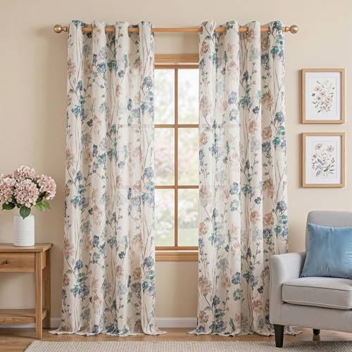 Image of MYSKY HOME Floor to Ceiling Linen Floral Curtains 108 Inch Length 2 Panels Semi Sheer Light Filtering Farmhouse Flower Print Patterned Window Grommet Curtains for Dining Room, 52 inch W Each Panel, Brown