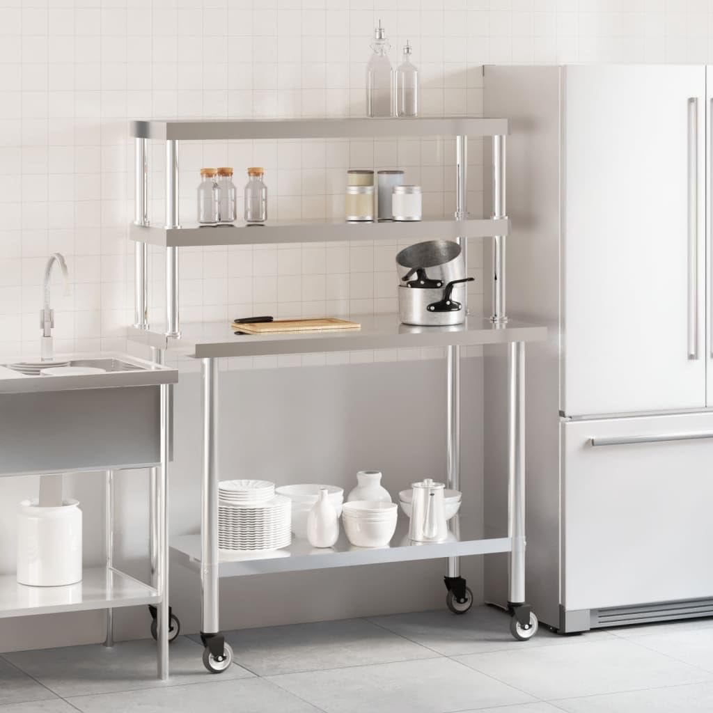 Tavolo da lavoro da cucina in acciaio inox, 110 x 55 x 150 cm, 4 ruote, 2 con freni, per gastronomia, cucina, catering, snack, hotel, bar, bistrot, piano di lavoro igienico in acciaio inox