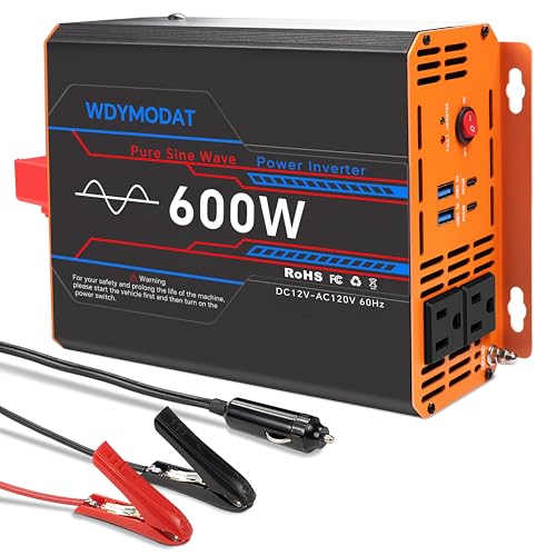 Image of WDYMODAT 600W Pure Sine Wave Inverter, Car Power Inverter 12V to 110V, DC to AC Converter Generator with AC Outlets 3.0A USB Type-C, Remote Controller Truck Inversor for Vehicles, Car, RV, Camping