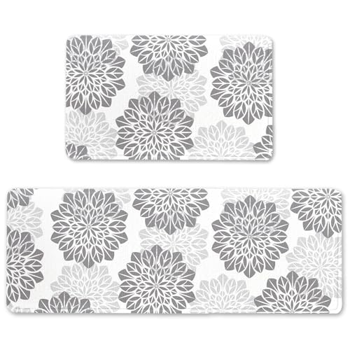YOOMODERN Floral Kitchen Rug Set of 2 (17x30 +17x47) - White Kitchen Mats with Black Flowers | Non-Slip Backing, Water-Resistant Floral Rugs for Kitchen Floor | Washable Kitchen Decor