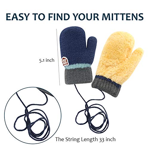 Gerlobal 3 Pairs Toddler Gloves Winter Mittens for Baby Boys Girls, Kids Warm Fleece Lined Knit Mittens with String (Black/Grey/Navy, 0-3 Years) - Thumbnail 6