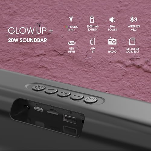 Image of Glow Up+ Wireless Bluetooth Soundbar Speaker 20W RMS | RGB Party Light Wireless Speaker | Bluetooth 5.3 | 2000mAh Battery | USB, AUX, FM Radio & Micro SD | Home, Laptop, PC & TV Soundbar