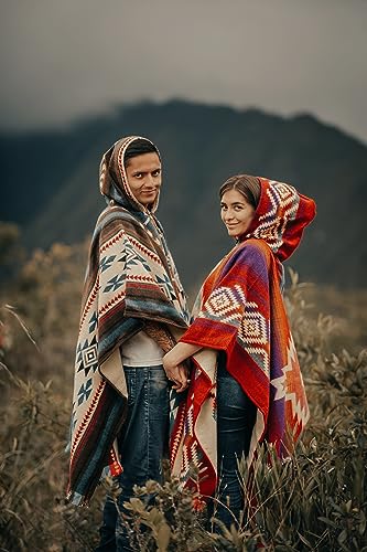 Image of Alpaca Mens Poncho with Hood - Cowboy Serape Western Poncho - Clint Eastwood Poncho for Men - Ecuadorian Cloak with Hood Men