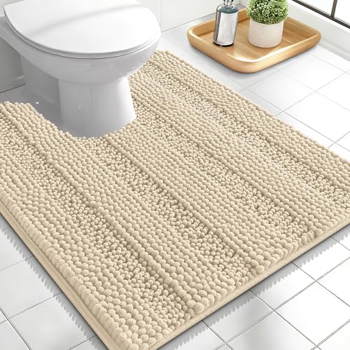 Image of OLANLY Thick Toilet Rugs U-Shaped 24x20, Extra Soft Absorbent Chenille Striped Contour Bathroom Rugs for Toilet, Dry Quickly, Machine Washable, Non-Slip Bath Mat, Sand