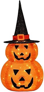 Luzes de Decoração de Abóbora de Halloween Tecido HEITIGN Dobrável de Abóbora Com Luzes de Chapéu de Bruxa, Luzes de Halloween Operadas por Bateria para Decoração Interna e Externa
