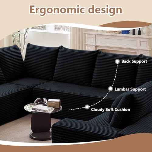 Image of Modern Modular Sectional Sofa, Big Comfy Corduroy Cloud Couch with Deep Seat, Boneless Couch Upholstered 8-Seater U-Shaped Sofa for Living Room, No Assembly Required (Black)