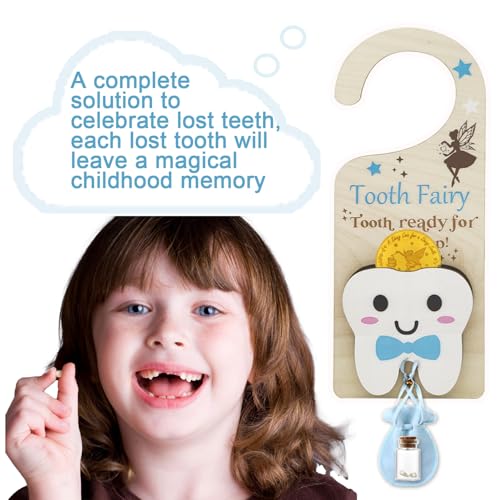 Image of Tooth Fairy Tooth Bag, Tooth Fairy Door Hanger with Tooth Fairy Coin, Money Slot, Keepsake Bottle, Velvet Pouch, Tooth Fairy Box - Encouragement Gift for Boys and Girls Losing Teeth