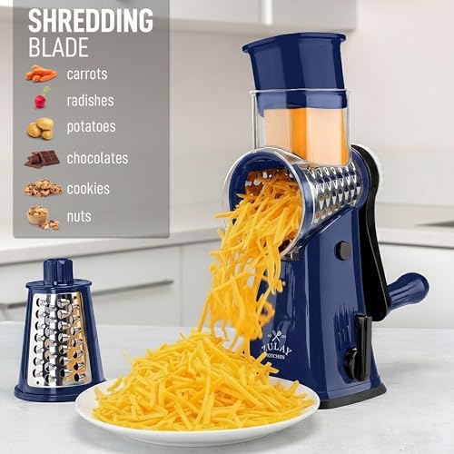 Image of Zulay Kitchen Rotary Cheese Grater 5 Blade Cheese Shredder - Manual Hand Crank Cheese Grater With Reinforced Suction & 5 Interchangeable Drums - Easy to Use, Vegetable Chopper Round Mandoline Slicer