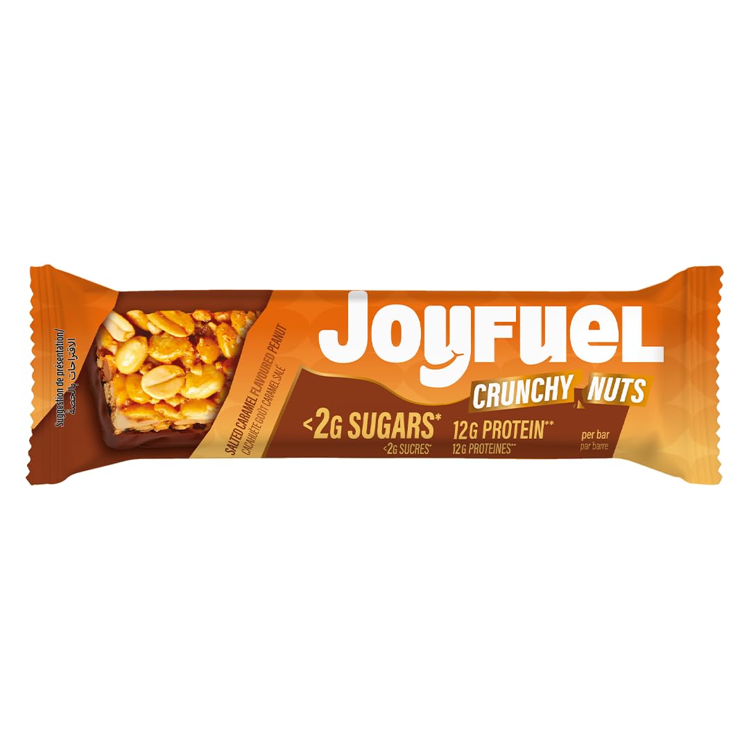 JOYFUEL Barre Protéinée Crunchy Nuts Cacahuète Caramel Salé 12x47g | 12g de Protéines, <2g de Sucre, Sans Gluten