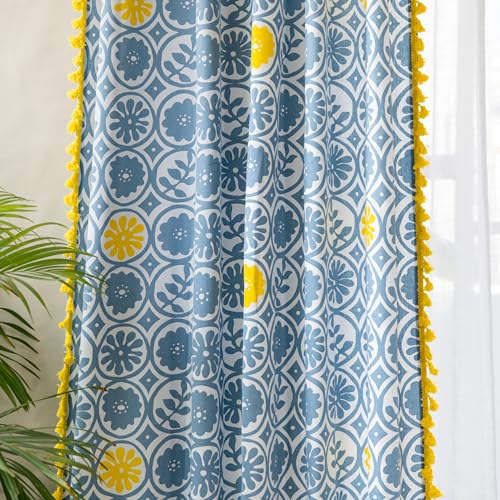 Image of Tranquebar Curtain Co. Window Curtains 6 Feet, 60-65% Room Darkening, Blue Geometric Print, Cotton Curtains for Window, Boho Curtains For Living Room With Tassel Lace, BackTab, Anya (183 cm) - 1 Piece