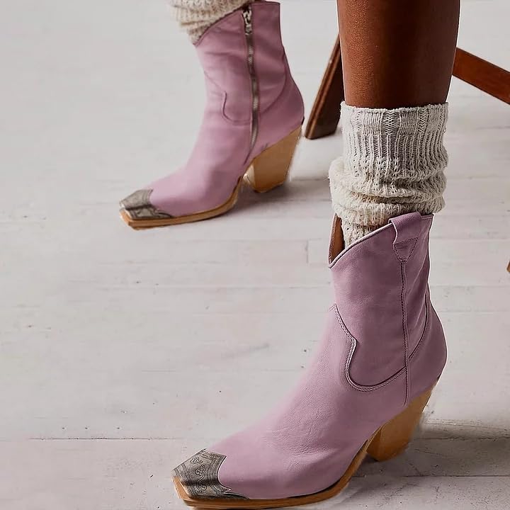 Image of keleimusi Women's Western Cowgirl Ankle Boots Stacked Block Heel Cowboy Booties Steel Toe Heeled Short Cowboy Boots Western Booties