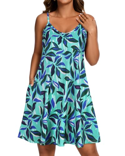 Image of Womens Spaghetti Strap Dress Summer Dresses Beach Pocket Casual Sundresses | 2026 Adjustable Spaghetti Straps Casual Beach Dress,Boho Sundress with Pockets ,Fashion V Neck Outfits,Beach Cover Ups