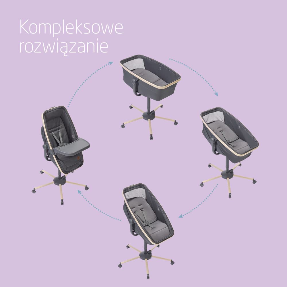 Maxi-Cosi Alba Uniwersalna gondola, łatwe zamienianie zwykłej gondoli na odchylaną i wysokie krzesełko, od urodzenia do 3 lat (15 kg), pasuje do Maxi-Cosi Alba Meal Kit, Beyond Graphite
