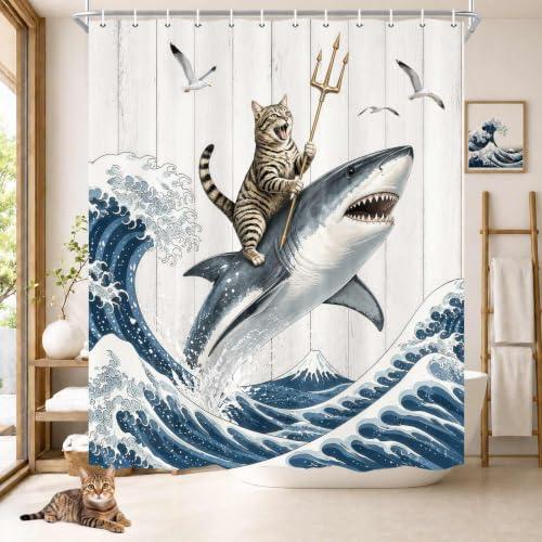 Image of Boziqr Funny Cat Shower Curtain, Cool Cat Shark Ocean Wave Bathroom Decor