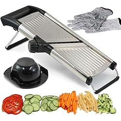 Rebanador De Frutas Y Verduras Rebanadora de Mandolina ajustable. Lo mejor para cortar alimentos, frutas y verduras. Rebanadora de Grado profesional para corte juliana. Con guantes a prueba de corte y cepillo de limpieza