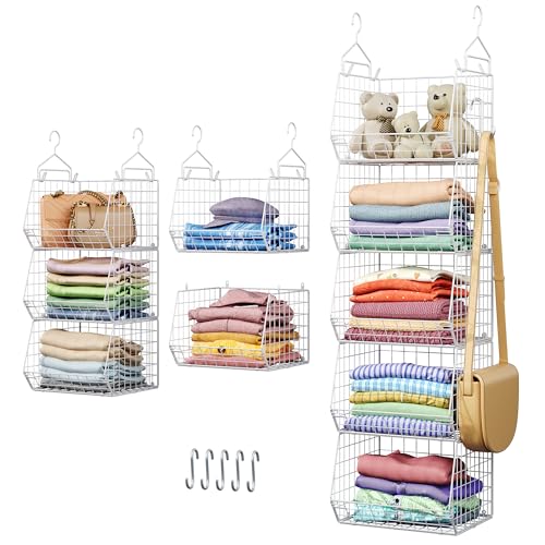 5 Tier Closet Hanging Organizer, Clothes Hanging Shelves with 4 Hanging Hooks 5 S Hooks, Wire Storage Basket Bins, for Clothing Sweaters Shoes Handbags Clutches Accessories Patent Design-White