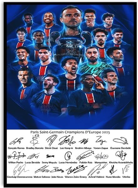 Affiche PSG Saison 2024-2025 Champions A4 Imprimée avec Photo Signée Cadeau pour Fans de Football